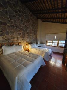 two beds in a room with a stone wall at Sandy Shores Cabaña 4 in La Paz
