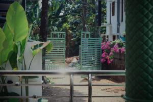 a garden with green wooden fences and flowers at Calathea home varkala beach in Varkala