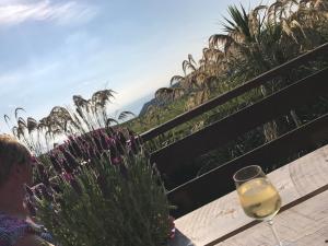 a woman sitting on a bench with a glass of wine at Lodge Cabin with Fabulous Views 2 - Farm Stay in Portpatrick +17 photos