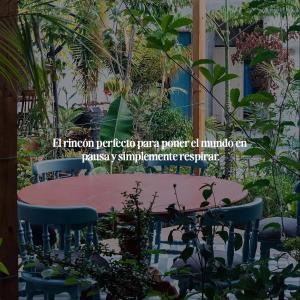 ein Tisch und Stühle in einem Garten mit Pflanzen in der Unterkunft Hotel Casa Bataneca in Comitán de Domínguez