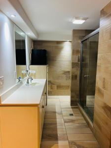 a bathroom with a sink and a shower at Hotel Vagabundo in Tijuana