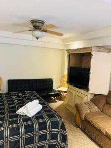 a bedroom with a bed and a couch and a flat screen tv at Hotel Vagabundo in Tijuana