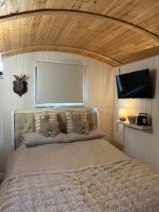 a bedroom with a large bed with a flat screen tv at Four Seasons Mini Zoo Country Retreat with Wood Fuel Hot Tub close to kington Market Town in Hereford +120 photos