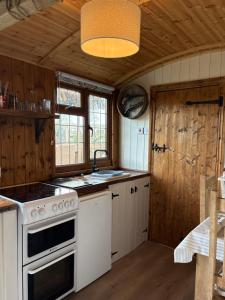 a kitchen with a stove and a sink at Four Seasons Mini Zoo Country Retreat with Wood Fuel Hot Tub close to kington Market Town in Hereford