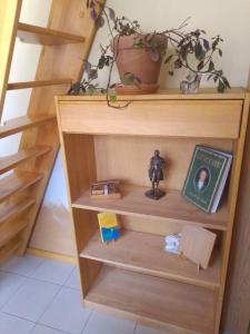 a wooden book shelf with a book at Kleine FeWo, Einstiegspreis! in Weimar