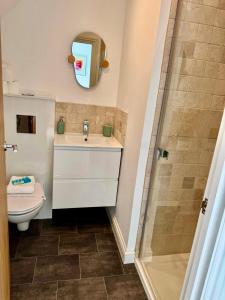 a bathroom with a toilet and a sink and a shower at Central Taunton Townhouse in Taunton +14 photos
