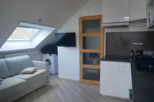 a small living room with a couch and a kitchen at Villa Cathy Studio Terrasse Léane in Aix-les-Bains