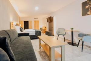 a hotel room with a couch and a bed at Hotel Tříška in Brandýs nad Labem +23 photos