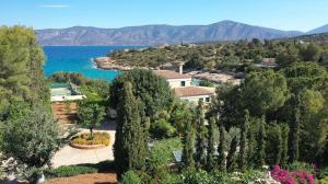 an aerial view of a house with trees and the water at Aria & Iris in Kilada