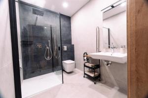 a bathroom with a shower and a sink and a toilet at ApartHouse in Klimontów
