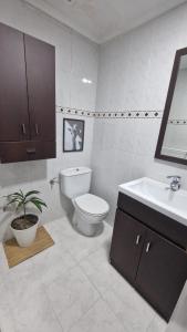 a white bathroom with a toilet and a sink at Apartamento Gaztelugatxe in Bakio