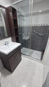 a bathroom with a shower and a sink and a glass shower stall at Apartamento Gaztelugatxe in Bakio