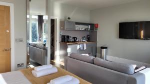 a living room with a couch and a tv at Harmony Apartments in Weston-super-Mare