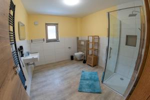 a bathroom with a shower and a sink and a toilet at Ferienwohnung an der Zwota in Klingenthal