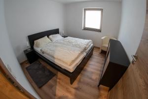 a bedroom with a bed and a mirror and a window at Ferienwohnung an der Zwota in Klingenthal