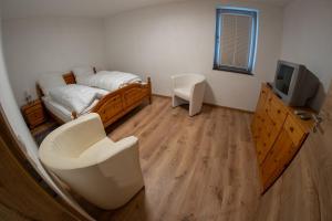 a bedroom with a bed and a chair and a television at Ferienwohnung an der Zwota in Klingenthal +3 photos