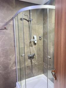 a shower with a glass door in a bathroom at Pearl Properties three bedroom apartment in Trofwi