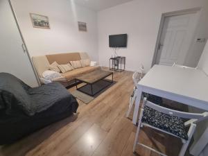 a living room with a couch and a table at Oasis City Central in Tarnowskie Góry +4 photos