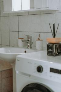 a bathroom with a sink and a washing machine at Teal Seafront Home in Syvota +9 photos