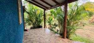 an outside porch of a house with palm trees at Casa Ika Moana in Hanga Roa