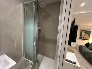 a shower with a glass door in a bathroom at Léopard vert - Clim - Tout inclus in Aubagne
