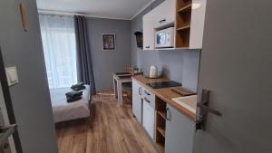 a kitchen with a sink and a desk in a room at Idylla Apartamenty Gościnne blisko centrum in Kudowa-Zdrój