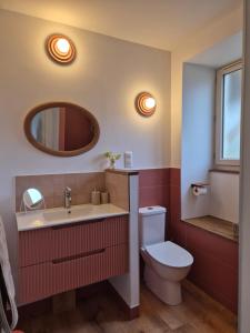 a bathroom with a toilet and a sink and a mirror at Maison Aurinko in Thenon