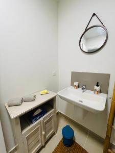 a bathroom with a sink and a mirror at Heinoa Lodge Papeete in Papeete