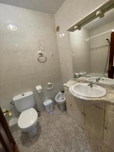 a bathroom with a toilet and a sink and a mirror at A Riveira in Muxia