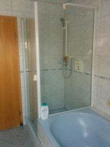a bathroom with a bath tub with a glass shower at Ferienwohnung Sigrid in Forchheim