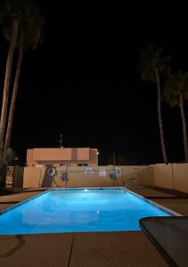 a large blue swimming pool at night with palm trees at Flamingo Suites in Tucson +21 photos