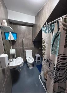 a small bathroom with a toilet and a sink at Albergue Mar del Plata in Fisterra +6 photos