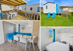 a room with a table and a bed and a house at Mobilhome in Litteau +16 photos