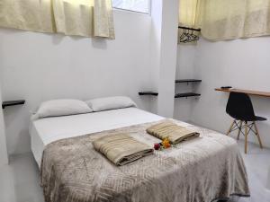 a bedroom with a bed with two blankets and a chair at Galápagos Finch Apartment in Puerto Ayora