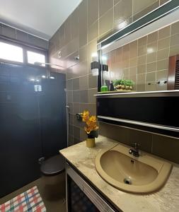 a bathroom with a sink and a mirror and a toilet at Studio Sol in Mossoró +19 photos