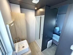 a small bathroom with a sink and a mirror at Feriendorf Seeblick - Tiny Chalet Nr 8 in Neunburg vorm Wald +26 photos