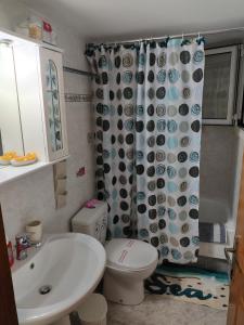 a bathroom with a toilet and a shower curtain at liogerma i in Agios Ioannis Kaspaka +17 photos