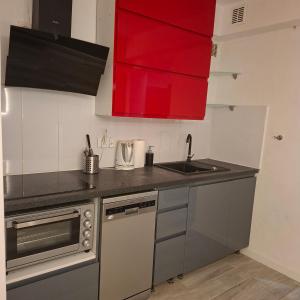 a kitchen with red cabinets and a sink at FORT BLIZNE NOCLEGI - superior, standard & basic rooms in Blizne Łaszczyńskiego +70 photos