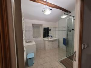 a bathroom with a shower and a sink and a toilet at Gîte de La Rev'rie in Montalembert +12 photos