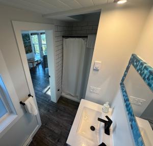 a bathroom with a sink and a mirror at Salt Spring Sunrise in Saltspring Island