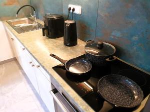 two pots and pans sitting on a stove in a kitchen at Domov na cestě in Rousovice +16 photos