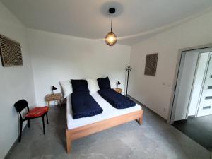 a bedroom with a bed with blue pillows on it at Domov na cestě in Rousovice