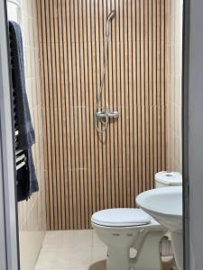 a bathroom with a shower with a toilet and a sink at Hotel grosvenor in Saint-Arnaud