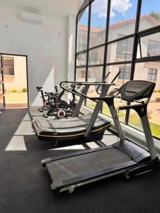 a gym with two treadmills in a building at Gate Beautiful in Gaborone