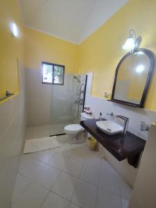 a bathroom with a sink and a toilet and a mirror at B&B Pavillion in Sosúa +19 photos