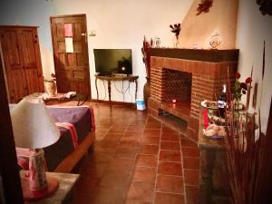 a living room with a fireplace and a television at Hotel Casa Santos Guanajuato in Guanajuato