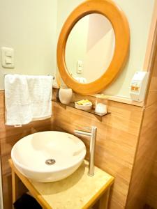a bathroom with a sink and a mirror at Estancia Dorada in San Ramón