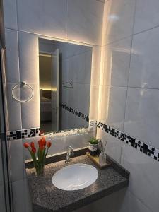 a bathroom with a sink and a mirror at Serra Charm House in Ubajara +18 photos