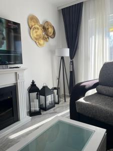 a living room with a couch and a fireplace at Vila Biva in Vrčin
