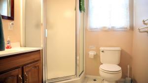 a bathroom with a shower and a toilet and a sink at Failte in West Cape May +31 photos